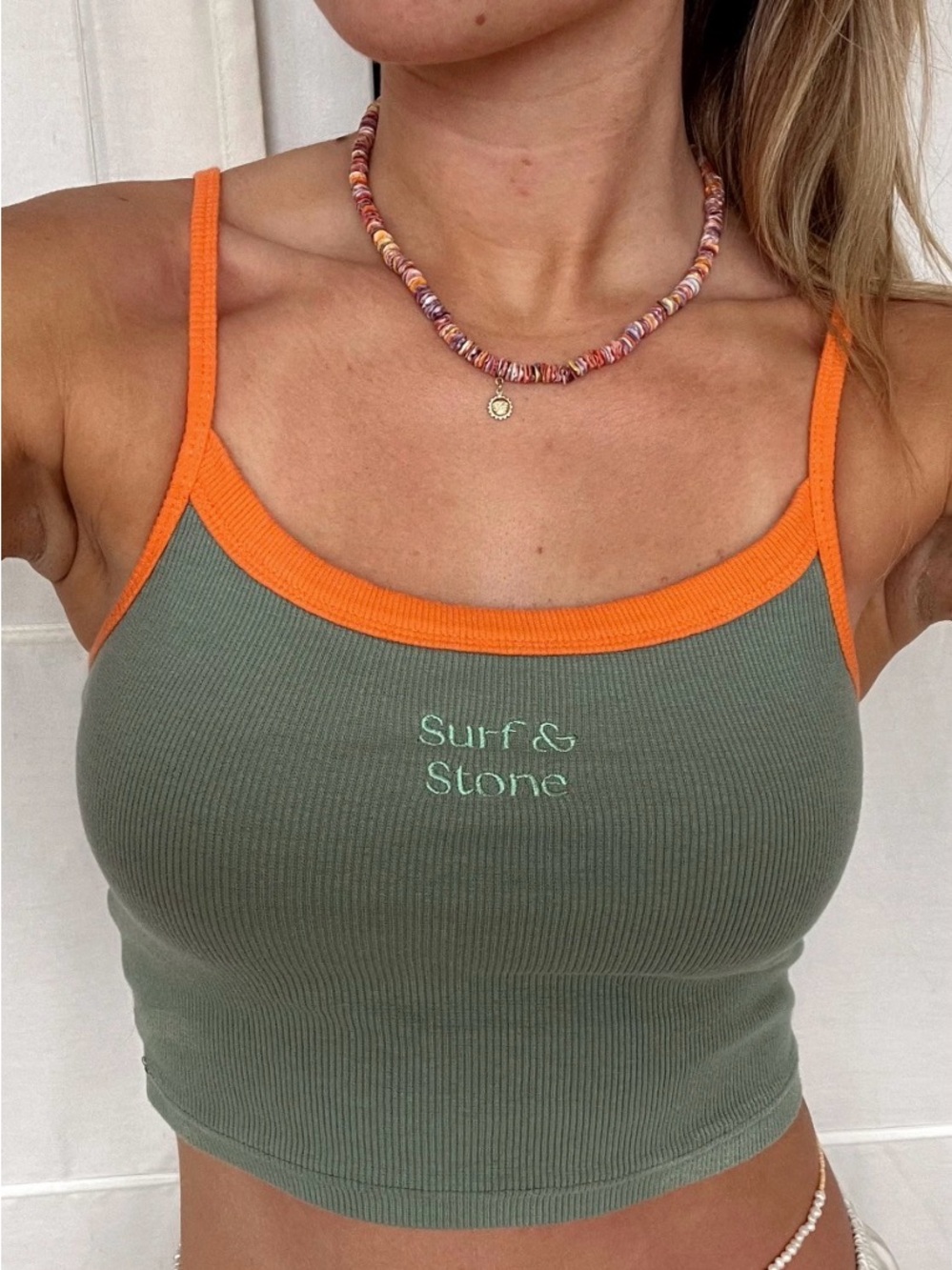 Surf & Stone Estelle Tank Cropped Ribbed‎ Green Orange Spellout Beachy Medium M